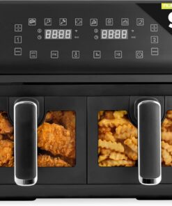 Nutrichef Double Basket Air Fryer 8.8 QT | Family Size Oil Free Airfryer with Transparent Window | 9-1 Preset Cooking Options | 360° Hot Air Circulation Technology | 4.4 QTs per Basket | Black