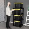 Sterilite 4-Tier Tote Rack with 4-Pack 27 Gallon Industrial Storage Totes | Shelving Unit and Heavy-Duty and Stackable Utility Box Containers for Home, Office, and Basement Organization, Black/Yellow Sterilite 4-Tier Tote Rack with 4-Pack 27 Gallon Industrial Storage Totes | Shelving Unit and Heavy-Duty and Stackable Utility Box Containers for Home, Office, and Basement Organization, Black/Yellow