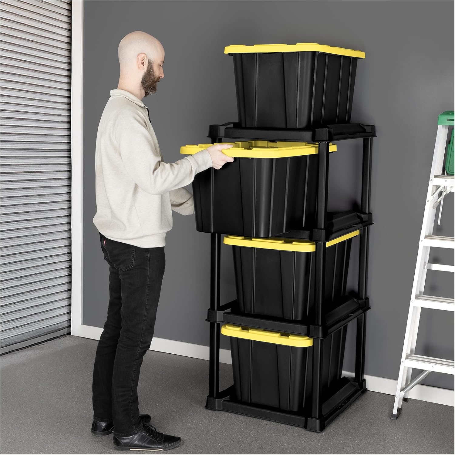 Sterilite 4-Tier Tote Rack with 4-Pack 27 Gallon Industrial Storage Totes | Shelving Unit and Heavy-Duty and Stackable Utility Box Containers for Home, Office, and Basement Organization, Black/Yellow Sterilite 4-Tier Tote Rack with 4-Pack 27 Gallon Industrial Storage Totes | Shelving Unit and Heavy-Duty and Stackable Utility Box Containers for Home, Office, and Basement Organization, Black/Yellow - Image 6