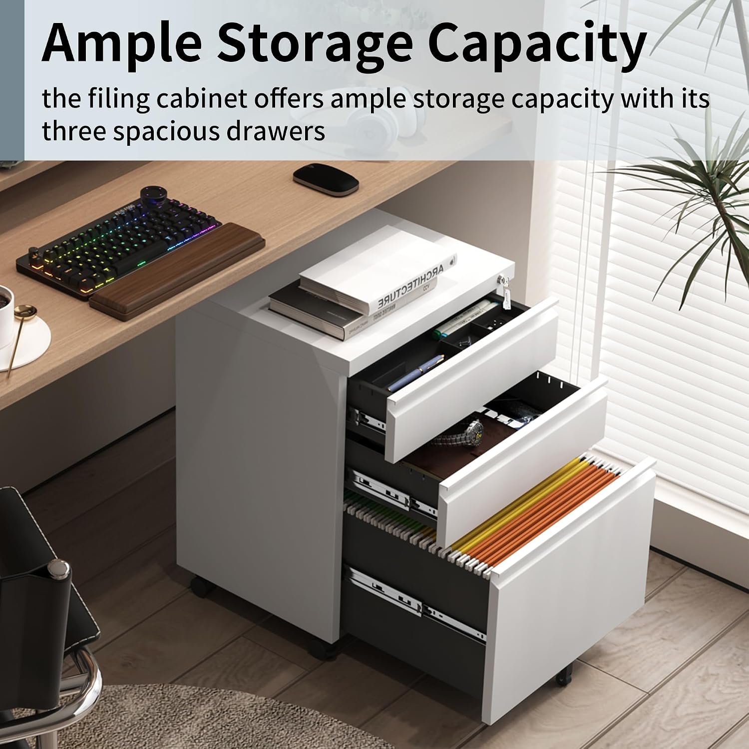 Approgreent Mobile File Cabinet for Home Office, Lockable 3 Drawer Filing Cabinet with Wheels for A4-Size/Letter-Size/Legal-Size, Fully Assembled Except Casters, White Approgreent Mobile File Cabinet for Home Office, Lockable 3 Drawer Filing Cabinet with Wheels for A4-Size/Letter-Size/Legal-Size, Fully Assembled Except Casters, White - Image 5