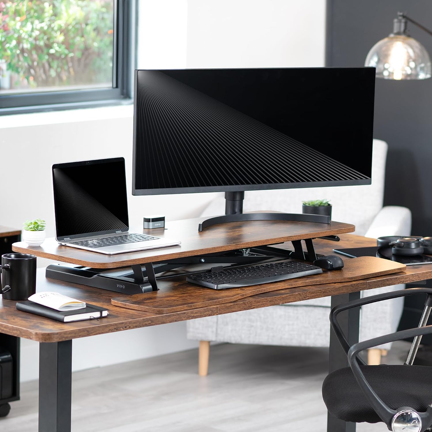 VIVO Rustic Vintage Brown 42 inch Standing Desk Converter, DESK-V042KN | Large, Height Adjustable, Stand Up Desk Riser, Wide Keyboard Tray, Dual Monitor and Laptop Workstation, Black Frame, K Series VIVO Rustic Vintage Brown 42 inch Standing Desk Converter, DESK-V042KN | Large, Height Adjustable, Stand Up Desk Riser, Wide Keyboard Tray, Dual Monitor and Laptop Workstation, Black Frame, K Series - Image 8