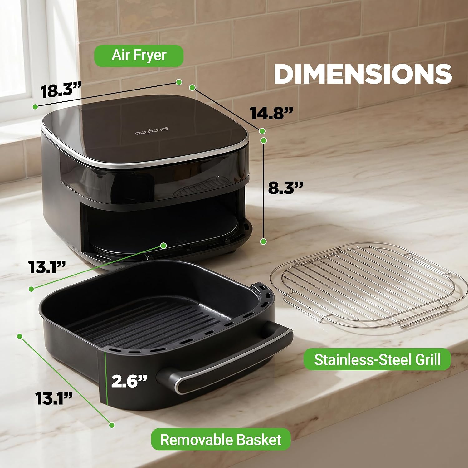 NutriChef 6 Quart Extra Large Air Fryer with 11-in-1 Cooking Presets | Extra-Large Basket Fits Up to 12” Pizza | Adjustable Temperature 450F & Timer Range | Dual Heat Source Technology | Grey NutriChef 6 Quart Extra Large Air Fryer with 11-in-1 Cooking Presets | Extra-Large Basket Fits Up to 12” Pizza | Adjustable Temperature 450F & Timer Range | Dual Heat Source Technology | Grey - Image 8