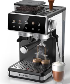 AMZCHEF Espresso Machine with Grinder, 20 Bar, Latte & Cappuccino, Black | Built-In Grinder, 20 Grind Settings, 20 Bar, 3-Level PID Control, 3–10s Pre-Infusion, Easy Milk Frothing, Compact Design