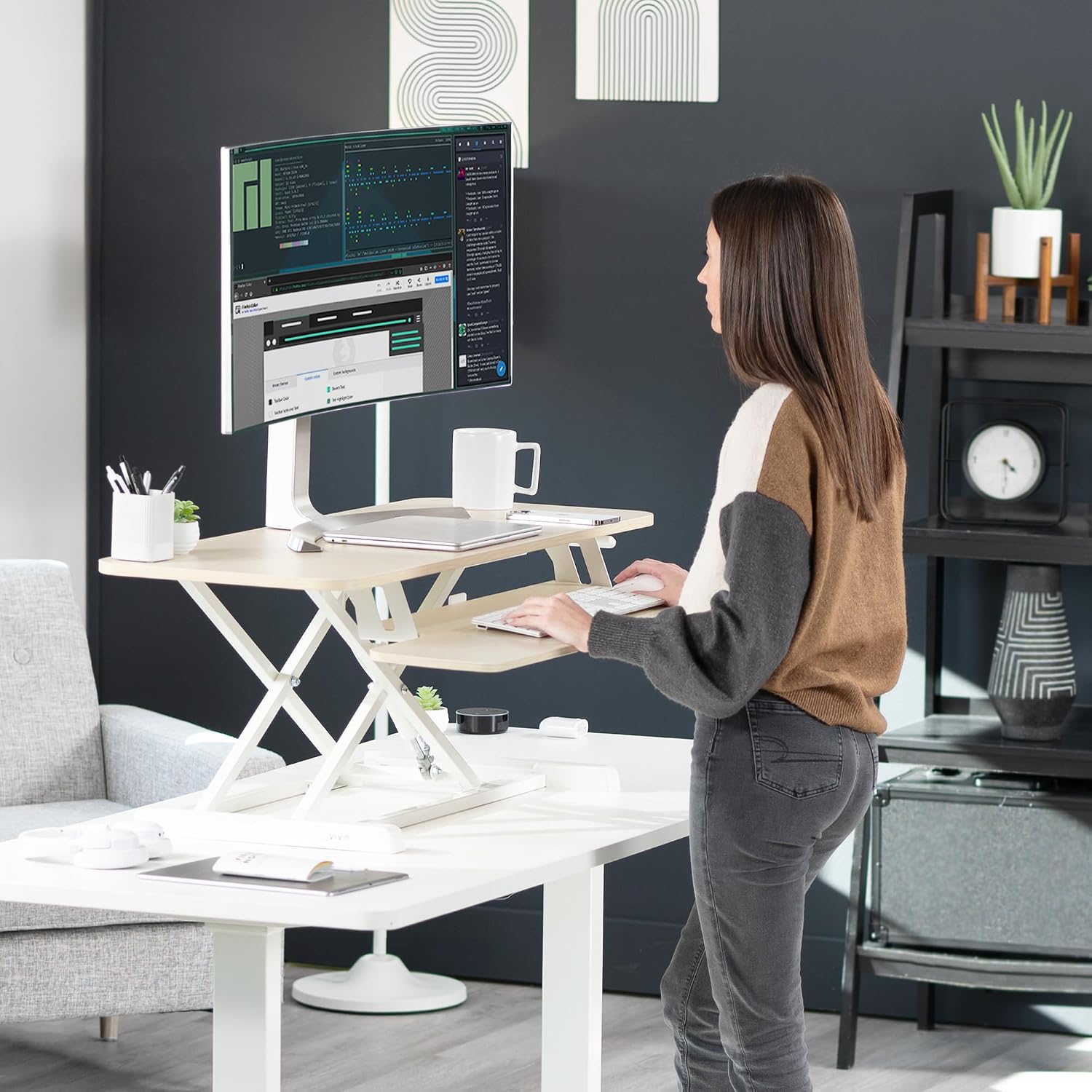 VIVO Light Wood 42 inch Standing Desk Converter, DESK-V042KF | Large, Height Adjustable, Stand Up Desk Riser, Wide Keyboard Tray, Dual Monitor and Laptop Workstation, White Frame, K Series VIVO Light Wood 42 inch Standing Desk Converter, DESK-V042KF | Large, Height Adjustable, Stand Up Desk Riser, Wide Keyboard Tray, Dual Monitor and Laptop Workstation, White Frame, K Series - Image 9