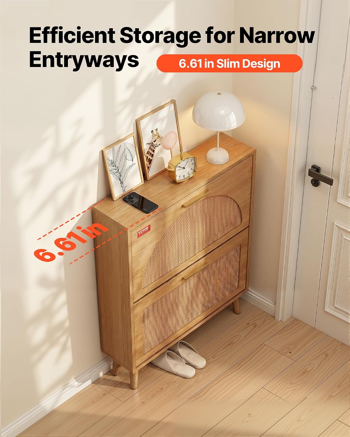 VEVOR Shoe Cabinet with 2 Flip Drawers, Shoe Storage Cabinet for Entryway, Free Standing Shoe Storage Organizer with Rattan Doors for Heels, Boots, Slippers in Hallway, Living Room VEVOR Shoe Cabinet with 2 Flip Drawers, Shoe Storage Cabinet for Entryway, Free Standing Shoe Storage Organizer with Rattan Doors for Heels, Boots, Slippers in Hallway, Living Room - Image 3