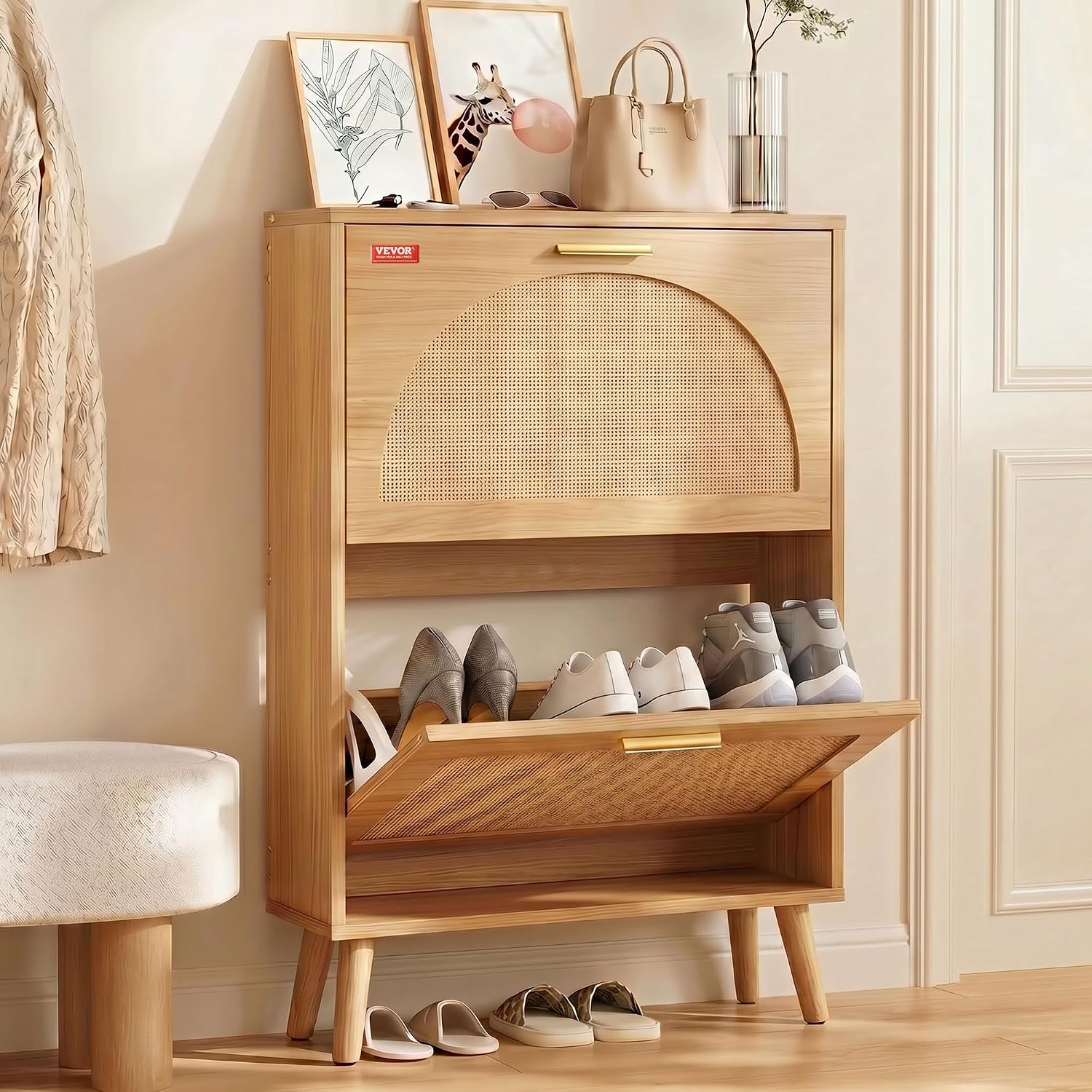 VEVOR Shoe Cabinet with 2 Flip Drawers, Shoe Storage Cabinet for Entryway, Free Standing Shoe Storage Organizer with Rattan Doors for Heels, Boots, Slippers in Hallway, Living Room VEVOR Shoe Cabinet with 2 Flip Drawers, Shoe Storage Cabinet for Entryway, Free Standing Shoe Storage Organizer with Rattan Doors for Heels, Boots, Slippers in Hallway, Living Room