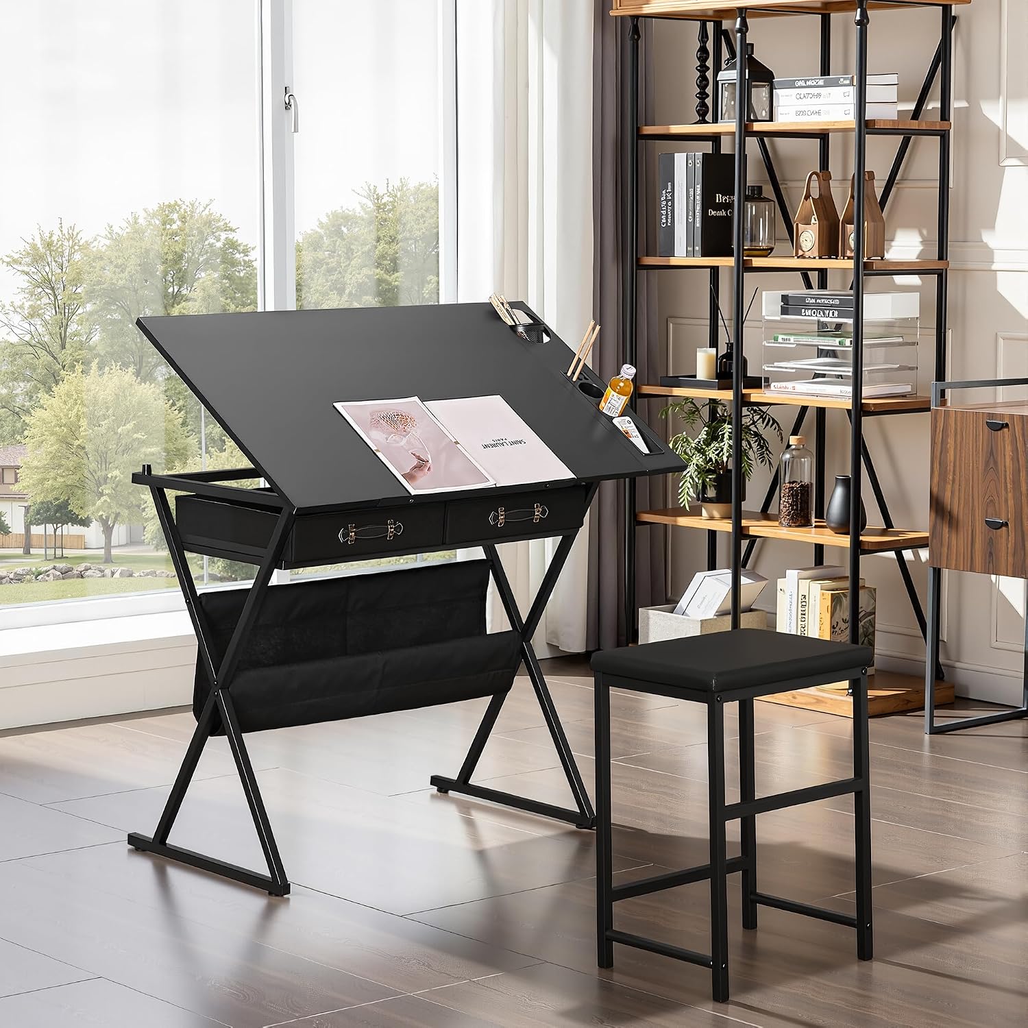 VECELO Drafting Table Art Desk Art Table Adjustable Drawing Table Tilted Tabletop with 2 Storage Drawers and Stool, Drawing Desk for Artist Painters Drawing, Crafting, Reading, Writing, Black VECELO Drafting Table Art Desk Art Table Adjustable Drawing Table Tilted Tabletop with 2 Storage Drawers and Stool, Drawing Desk for Artist Painters Drawing, Crafting, Reading, Writing, Black - Image 2