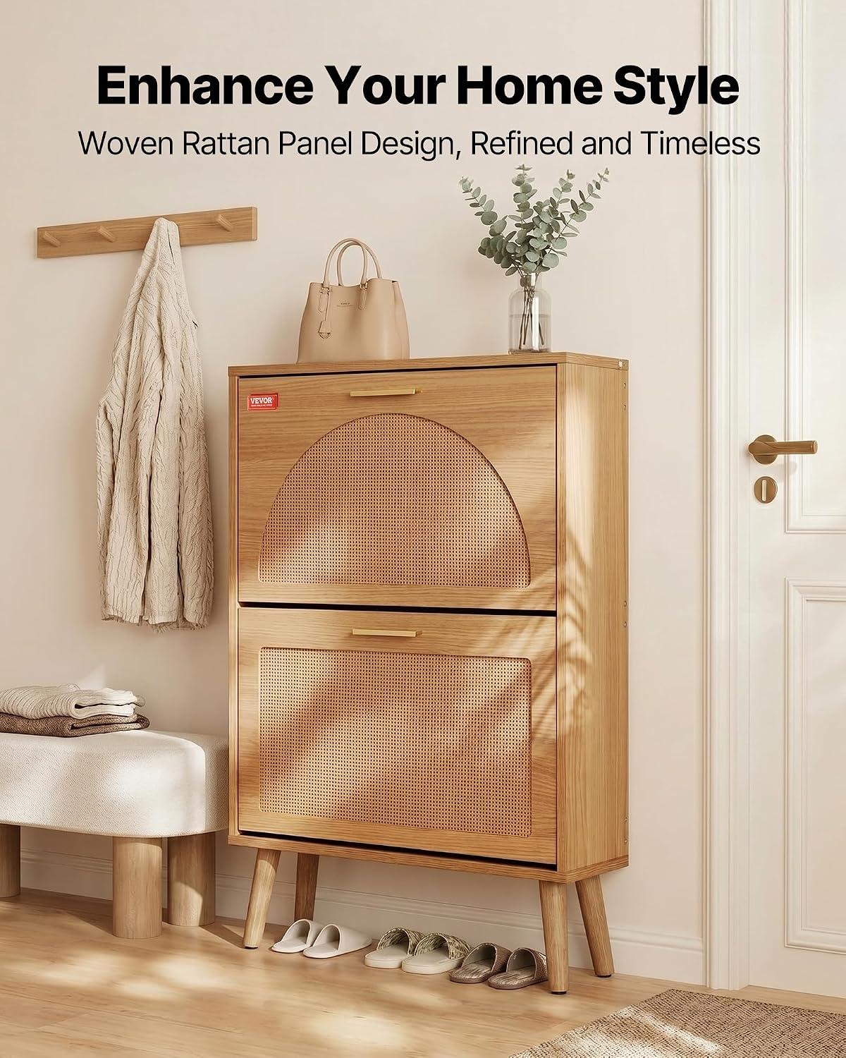 VEVOR Shoe Cabinet with 2 Flip Drawers, Shoe Storage Cabinet for Entryway, Free Standing Shoe Storage Organizer with Rattan Doors for Heels, Boots, Slippers in Hallway, Living Room VEVOR Shoe Cabinet with 2 Flip Drawers, Shoe Storage Cabinet for Entryway, Free Standing Shoe Storage Organizer with Rattan Doors for Heels, Boots, Slippers in Hallway, Living Room - Image 2