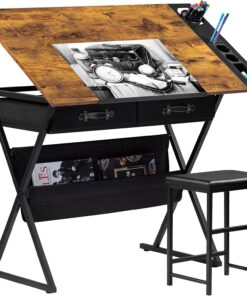 VECELO Drafting Table Art Desk Art Table Adjustable Drawing Table Tilted Tabletop with 2 Storage Drawers and Stool, Drawing Desk for Artist Painters Drawing, Crafting, Reading, Writing, Rustic Brown