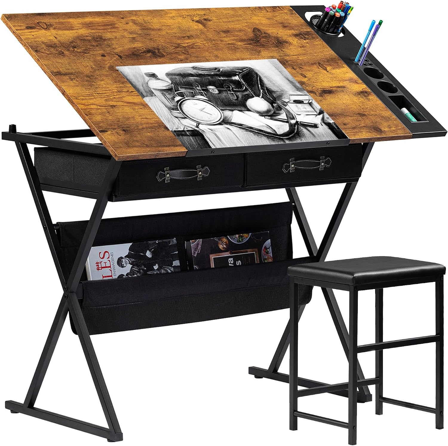 VECELO Drafting Table Art Desk Art Table Adjustable Drawing Table Tilted Tabletop with 2 Storage Drawers and Stool, Drawing Desk for Artist Painters Drawing, Crafting, Reading, Writing, Rustic Brown VECELO Drafting Table Art Desk Art Table Adjustable Drawing Table Tilted Tabletop with 2 Storage Drawers and Stool, Drawing Desk for Artist Painters Drawing, Crafting, Reading, Writing, Rustic Brown