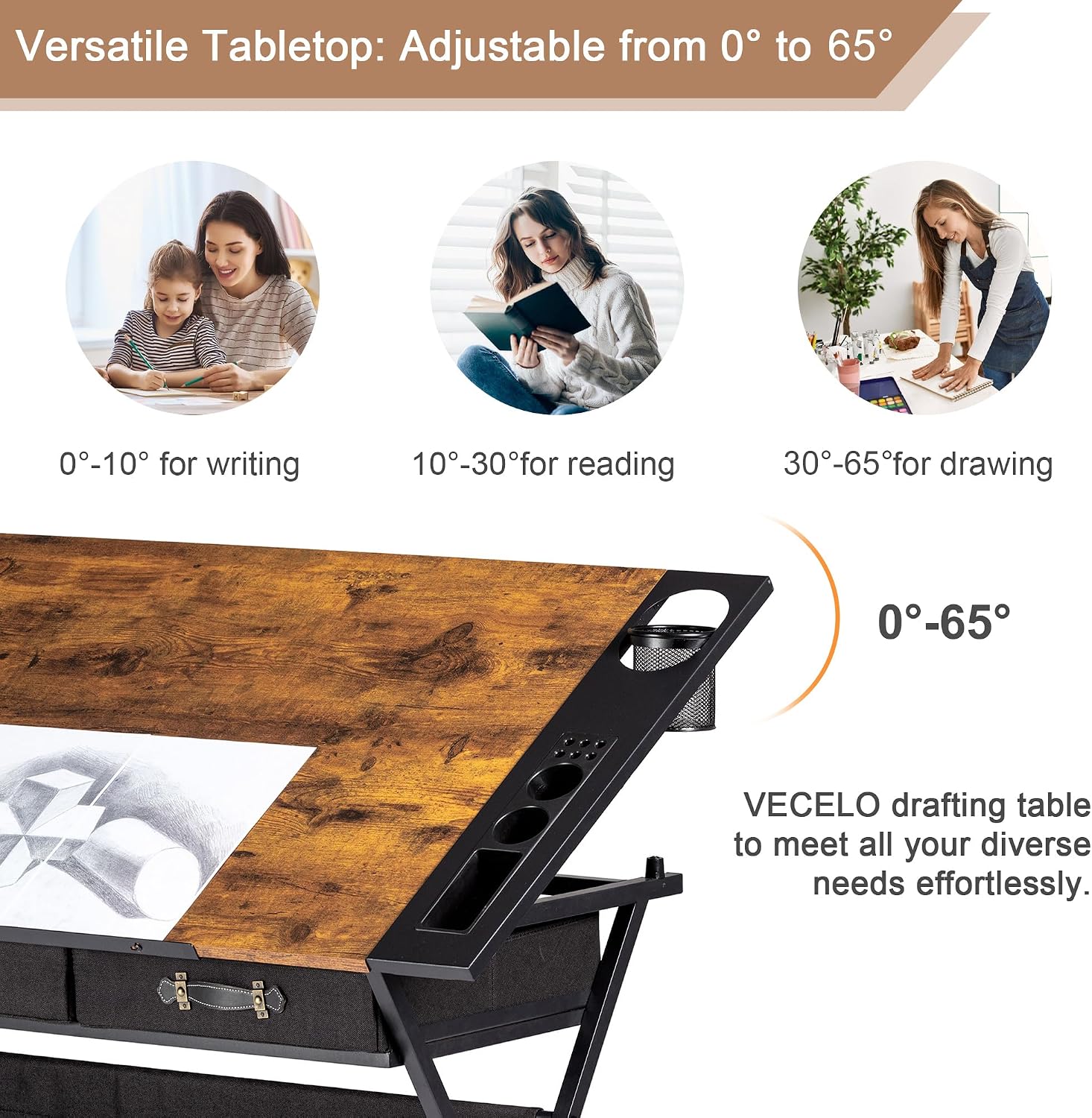 VECELO Drafting Table Art Desk Art Table Adjustable Drawing Table Tilted Tabletop with 2 Storage Drawers and Stool, Drawing Desk for Artist Painters Drawing, Crafting, Reading, Writing, Rustic Brown VECELO Drafting Table Art Desk Art Table Adjustable Drawing Table Tilted Tabletop with 2 Storage Drawers and Stool, Drawing Desk for Artist Painters Drawing, Crafting, Reading, Writing, Rustic Brown - Image 4