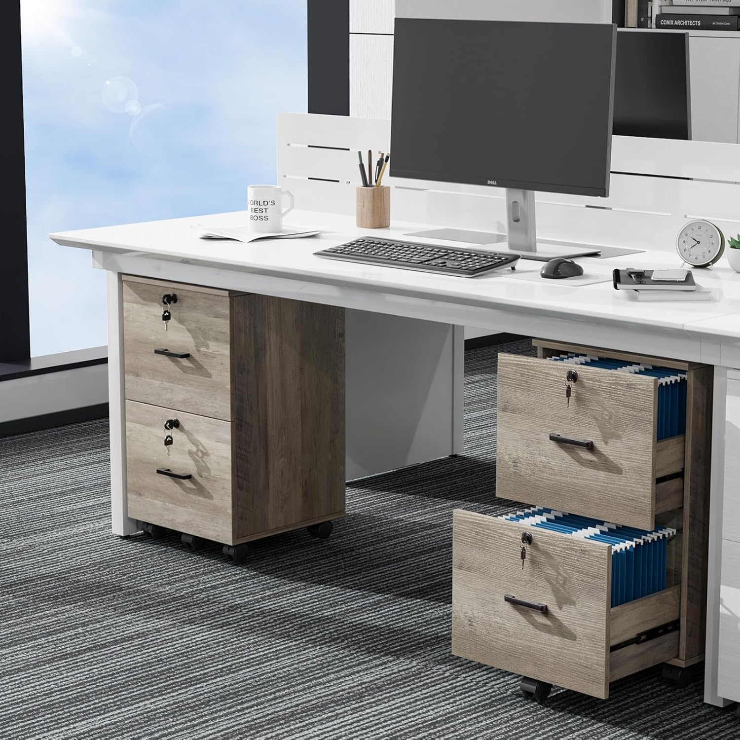 VINGLI 2 Drawer File Cabinet with Lock, Wood Rustic Gray Filing Cabinet for Letter Size File Folders with Tabs, Under Desk Rolling File Cabinets for Home Office, Mobile File Organization Printer Stand VINGLI 2 Drawer File Cabinet with Lock, Wood Rustic Gray Filing Cabinet for Letter Size File Folders with Tabs, Under Desk Rolling File Cabinets for Home Office, Mobile File Organization Printer Stand - Image 2