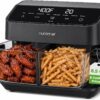 NutriChef 8.5 Quart Family Size Double Glass Basket Air Fryer | 8-in-1 Preset Dual Cook Modes | Glass Fry Bowls for Best Cooking | Cook Steak, Fries & More | Adjustable Temperature & Timer | Black