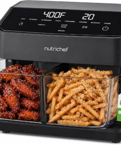 NutriChef 8.5 Quart Family Size Double Glass Basket Air Fryer | 8-in-1 Preset Dual Cook Modes | Glass Fry Bowls for Best Cooking | Cook Steak, Fries & More | Adjustable Temperature & Timer | Black