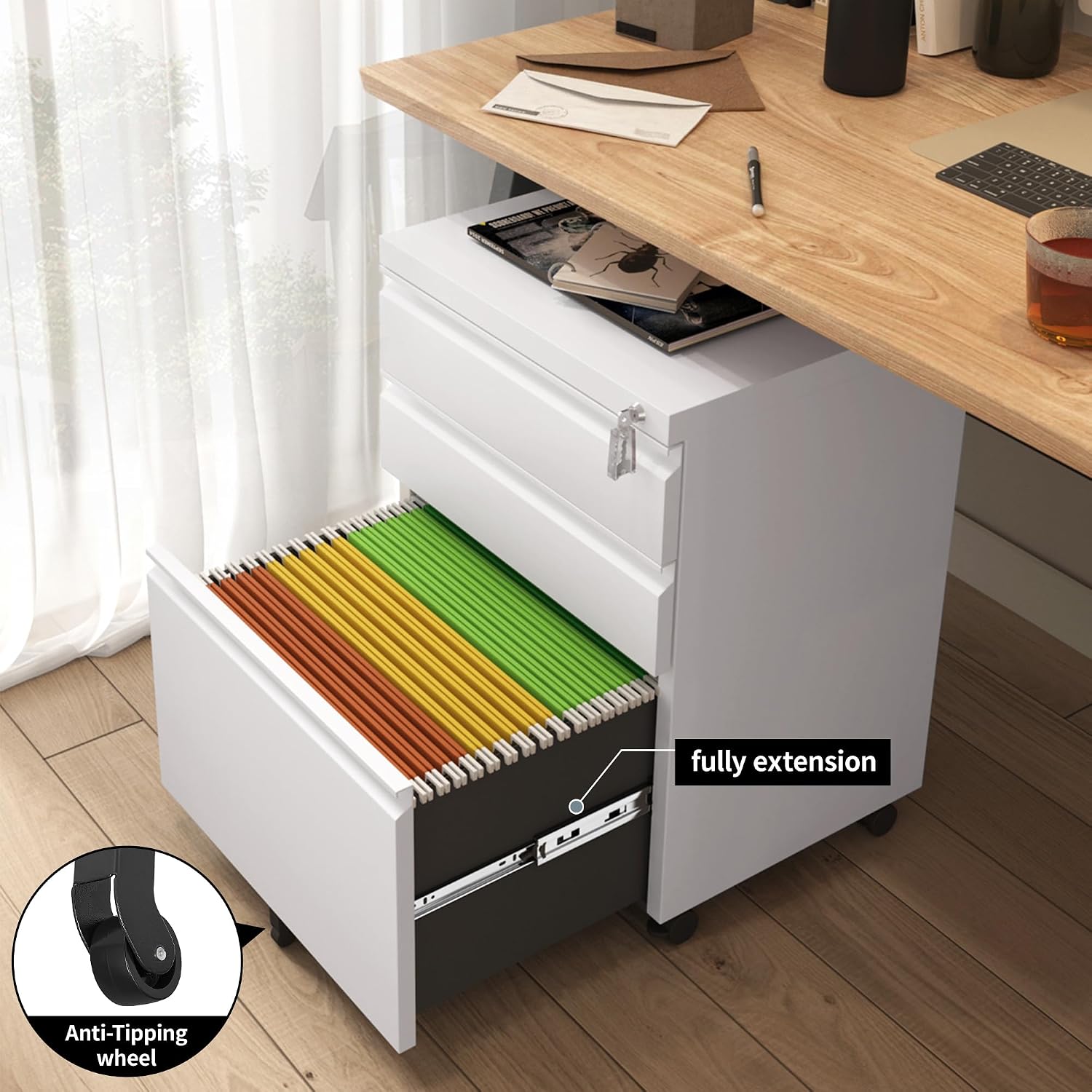 Approgreent Mobile File Cabinet for Home Office, Lockable 3 Drawer Filing Cabinet with Wheels for A4-Size/Letter-Size/Legal-Size, Fully Assembled Except Casters, White Approgreent Mobile File Cabinet for Home Office, Lockable 3 Drawer Filing Cabinet with Wheels for A4-Size/Letter-Size/Legal-Size, Fully Assembled Except Casters, White - Image 6