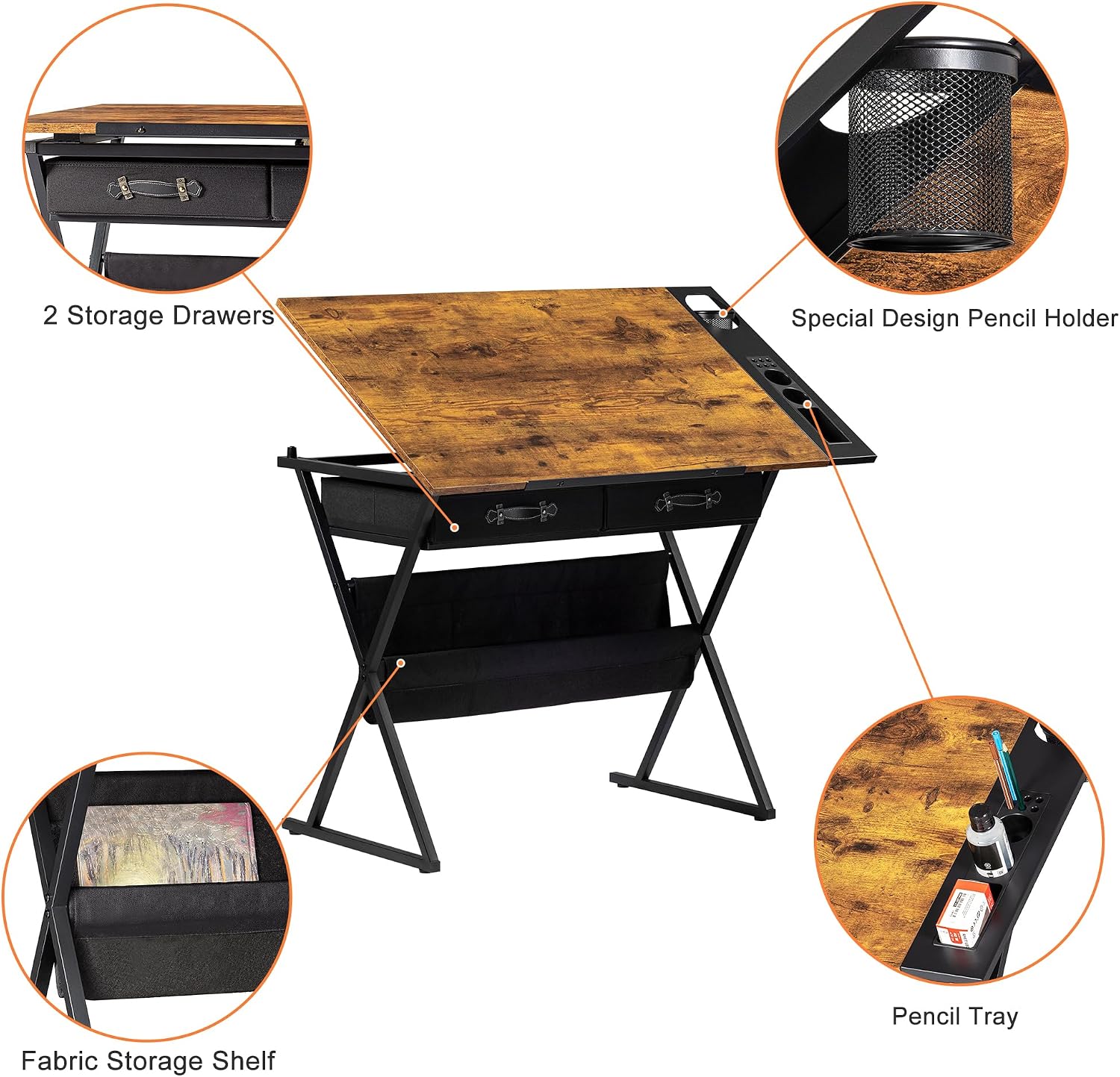 VECELO Drafting Table Art Desk Art Table Adjustable Drawing Table Tilted Tabletop with 2 Storage Drawers and Stool, Drawing Desk for Artist Painters Drawing, Crafting, Reading, Writing, Rustic Brown VECELO Drafting Table Art Desk Art Table Adjustable Drawing Table Tilted Tabletop with 2 Storage Drawers and Stool, Drawing Desk for Artist Painters Drawing, Crafting, Reading, Writing, Rustic Brown - Image 8