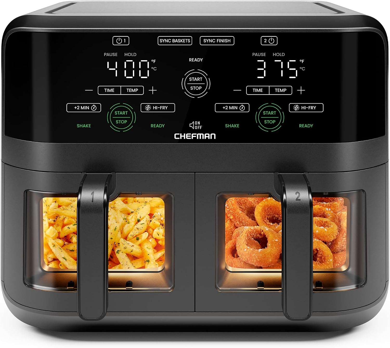 CHEFMAN 6 Quart Dual Basket Air Fryer Oven with Easy View Windows, Sync Finish, Hi-Fry, Auto Shutoff, 2 Independent 3Qt Nonstick Dishwasher Safe Frying Baskets, Digital Double Air Fryer - Black CHEFMAN 6 Quart Dual Basket Air Fryer Oven with Easy View Windows, Sync Finish, Hi-Fry, Auto Shutoff, 2 Independent 3Qt Nonstick Dishwasher Safe Frying Baskets, Digital Double Air Fryer - Black