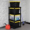 Sterilite 4-Tier Tote Rack with 4-Pack 27 Gallon Industrial Storage Totes | Shelving Unit and Heavy-Duty and Stackable Utility Box Containers for Home, Office, and Basement Organization, Black/Yellow Sterilite 4-Tier Tote Rack with 4-Pack 27 Gallon Industrial Storage Totes | Shelving Unit and Heavy-Duty and Stackable Utility Box Containers for Home, Office, and Basement Organization, Black/Yellow
