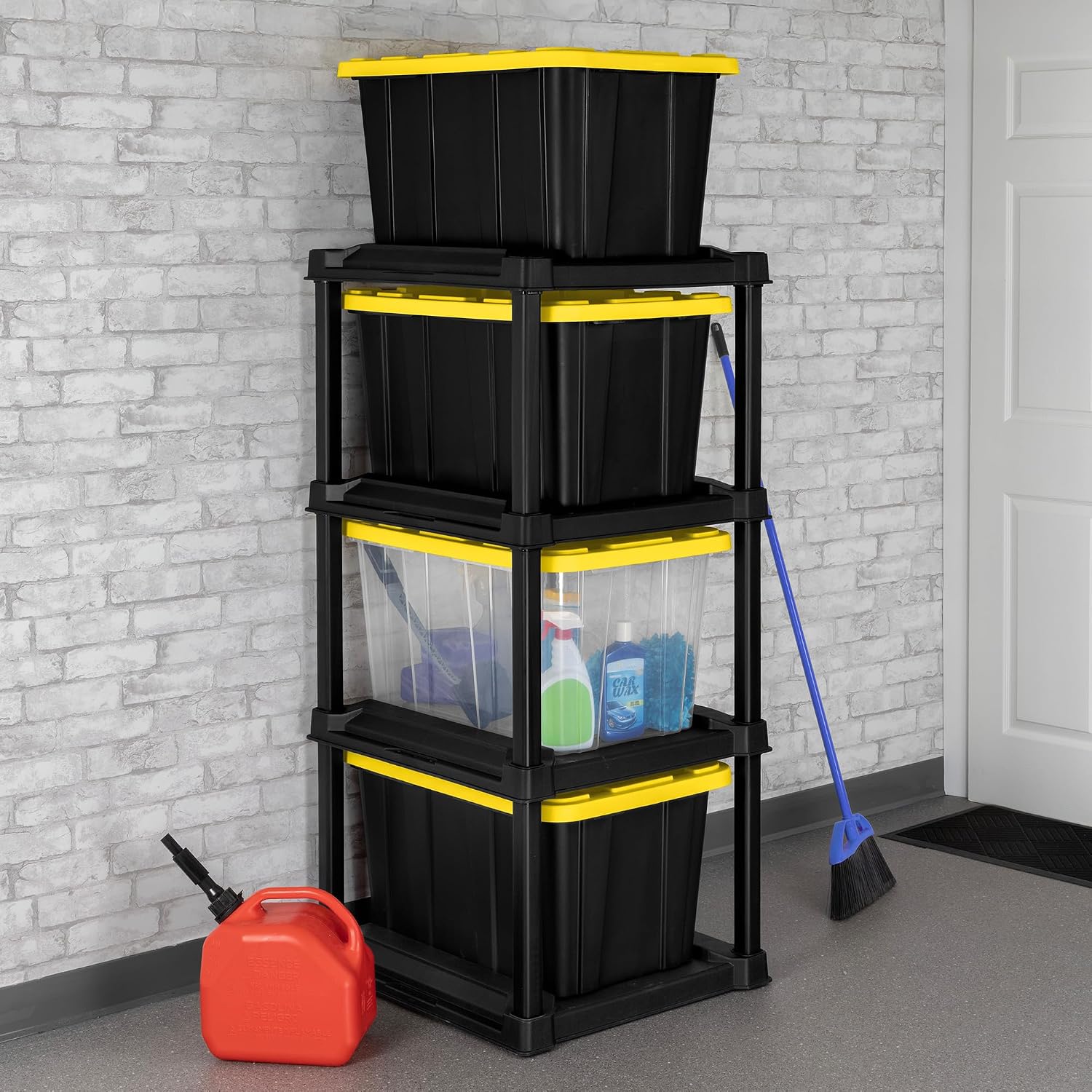 Sterilite 4-Tier Tote Rack with 4-Pack 27 Gallon Industrial Storage Totes | Shelving Unit and Heavy-Duty and Stackable Utility Box Containers for Home, Office, and Basement Organization, Black/Yellow Sterilite 4-Tier Tote Rack with 4-Pack 27 Gallon Industrial Storage Totes | Shelving Unit and Heavy-Duty and Stackable Utility Box Containers for Home, Office, and Basement Organization, Black/Yellow - Image 5