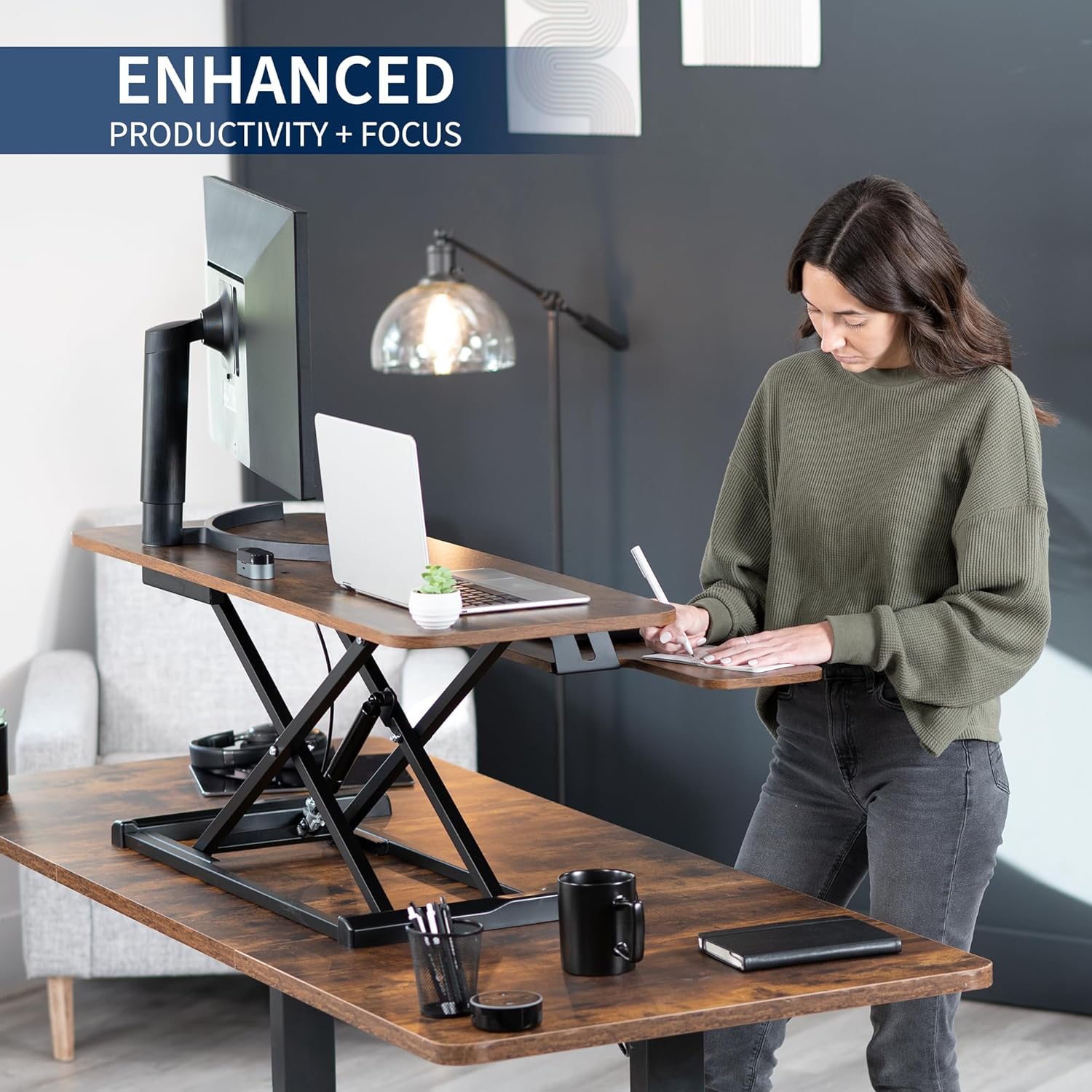VIVO Rustic Vintage Brown 42 inch Standing Desk Converter, DESK-V042KN | Large, Height Adjustable, Stand Up Desk Riser, Wide Keyboard Tray, Dual Monitor and Laptop Workstation, Black Frame, K Series VIVO Rustic Vintage Brown 42 inch Standing Desk Converter, DESK-V042KN | Large, Height Adjustable, Stand Up Desk Riser, Wide Keyboard Tray, Dual Monitor and Laptop Workstation, Black Frame, K Series - Image 4