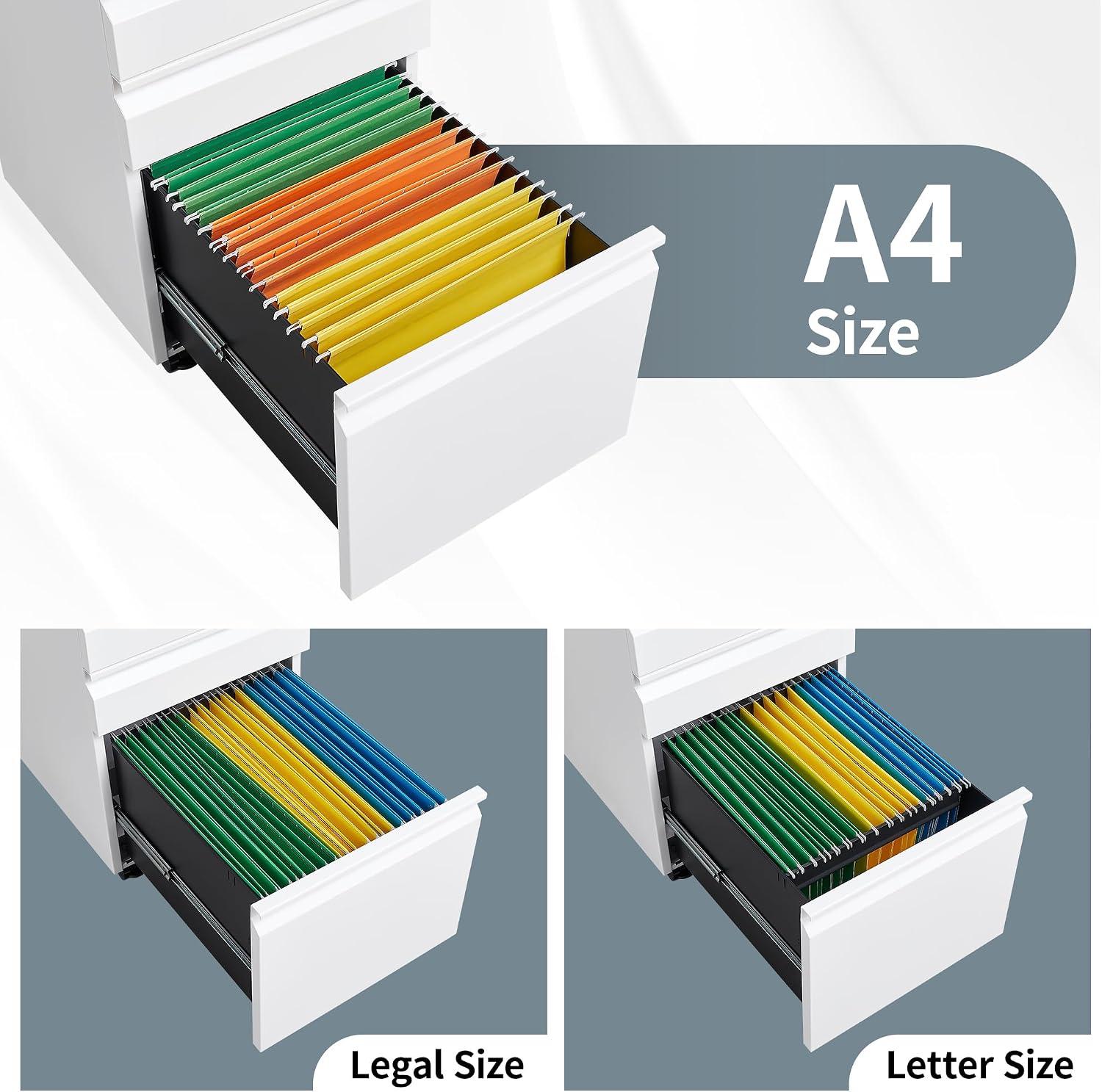 Approgreent Mobile File Cabinet for Home Office, Lockable 3 Drawer Filing Cabinet with Wheels for A4-Size/Letter-Size/Legal-Size, Fully Assembled Except Casters, White Approgreent Mobile File Cabinet for Home Office, Lockable 3 Drawer Filing Cabinet with Wheels for A4-Size/Letter-Size/Legal-Size, Fully Assembled Except Casters, White - Image 8