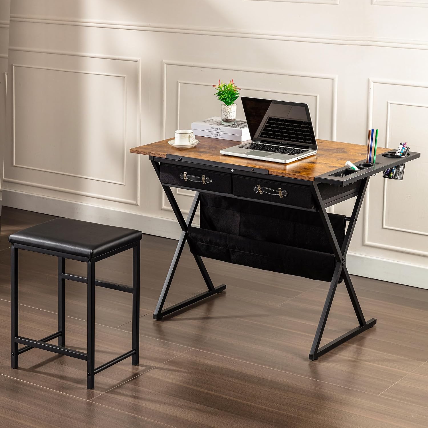 VECELO Drafting Table Art Desk Art Table Adjustable Drawing Table Tilted Tabletop with 2 Storage Drawers and Stool, Drawing Desk for Artist Painters Drawing, Crafting, Reading, Writing, Rustic Brown VECELO Drafting Table Art Desk Art Table Adjustable Drawing Table Tilted Tabletop with 2 Storage Drawers and Stool, Drawing Desk for Artist Painters Drawing, Crafting, Reading, Writing, Rustic Brown - Image 6