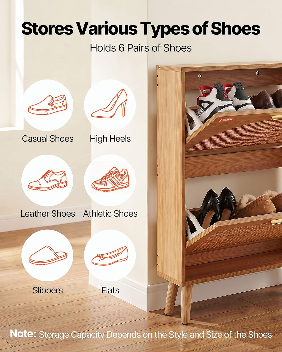 VEVOR Shoe Cabinet with 2 Flip Drawers, Shoe Storage Cabinet for Entryway, Free Standing Shoe Storage Organizer with Rattan Doors for Heels, Boots, Slippers in Hallway, Living Room VEVOR Shoe Cabinet with 2 Flip Drawers, Shoe Storage Cabinet for Entryway, Free Standing Shoe Storage Organizer with Rattan Doors for Heels, Boots, Slippers in Hallway, Living Room - Image 4