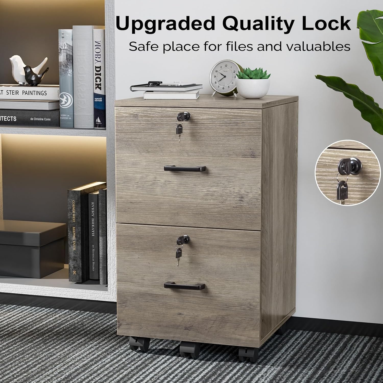 VINGLI 2 Drawer File Cabinet with Lock, Wood Rustic Gray Filing Cabinet for Letter Size File Folders with Tabs, Under Desk Rolling File Cabinets for Home Office, Mobile File Organization Printer Stand VINGLI 2 Drawer File Cabinet with Lock, Wood Rustic Gray Filing Cabinet for Letter Size File Folders with Tabs, Under Desk Rolling File Cabinets for Home Office, Mobile File Organization Printer Stand - Image 5