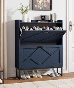 Nicetree Shoe Storage Cabinet, Shoe Cabinet with 2 Flip Drawers, Narrow Shoe Rack Cabinet, Farmhouse Slim Shoe Cabinet Storage for Entryway,Blue
