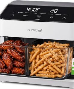 NutriChef 8.5 Quart Family Size Double Glass Basket Air Fryer | 8-in-1 Preset Dual Cook Modes | Glass Fry Bowls for Best Cooking | Cook Steak, Fries & More | Adjustable Temperature & Timer | White