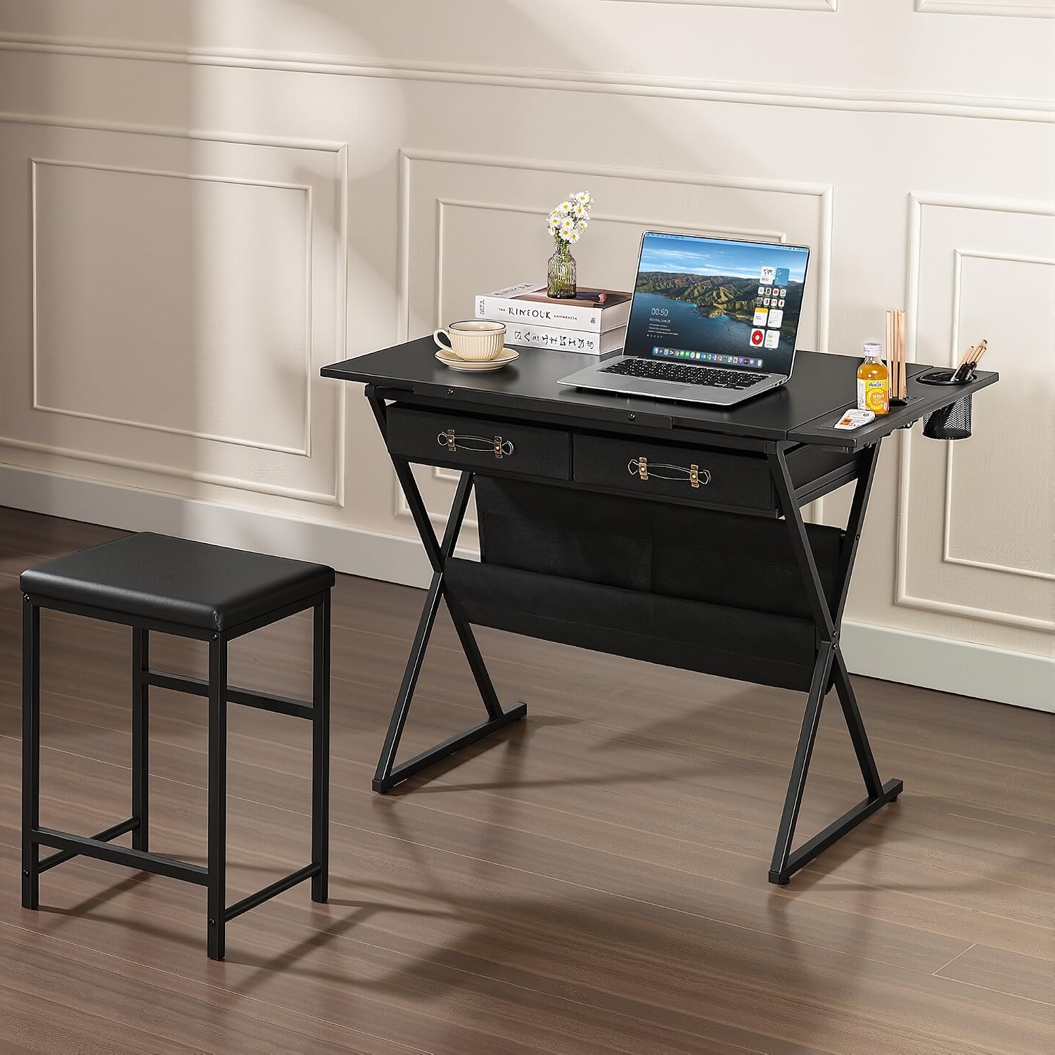 VECELO Drafting Table Art Desk Art Table Adjustable Drawing Table Tilted Tabletop with 2 Storage Drawers and Stool, Drawing Desk for Artist Painters Drawing, Crafting, Reading, Writing, Black VECELO Drafting Table Art Desk Art Table Adjustable Drawing Table Tilted Tabletop with 2 Storage Drawers and Stool, Drawing Desk for Artist Painters Drawing, Crafting, Reading, Writing, Black - Image 6