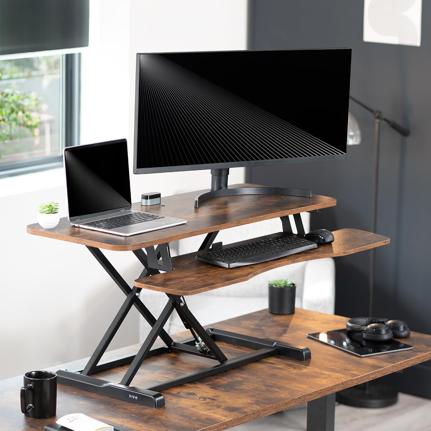 VIVO Rustic Vintage Brown 42 inch Standing Desk Converter, DESK-V042KN | Large, Height Adjustable, Stand Up Desk Riser, Wide Keyboard Tray, Dual Monitor and Laptop Workstation, Black Frame, K Series VIVO Rustic Vintage Brown 42 inch Standing Desk Converter, DESK-V042KN | Large, Height Adjustable, Stand Up Desk Riser, Wide Keyboard Tray, Dual Monitor and Laptop Workstation, Black Frame, K Series - Image 2