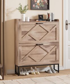 Nicetree Shoe Cabinet with 2 Flip Drawers，Freestanding Shoe Storage Cabinet, Narrow Shoe Organizer Cabinet, Farmhouse Slim Shoe Rack Cabinet for Entryway,Toasted Oak
