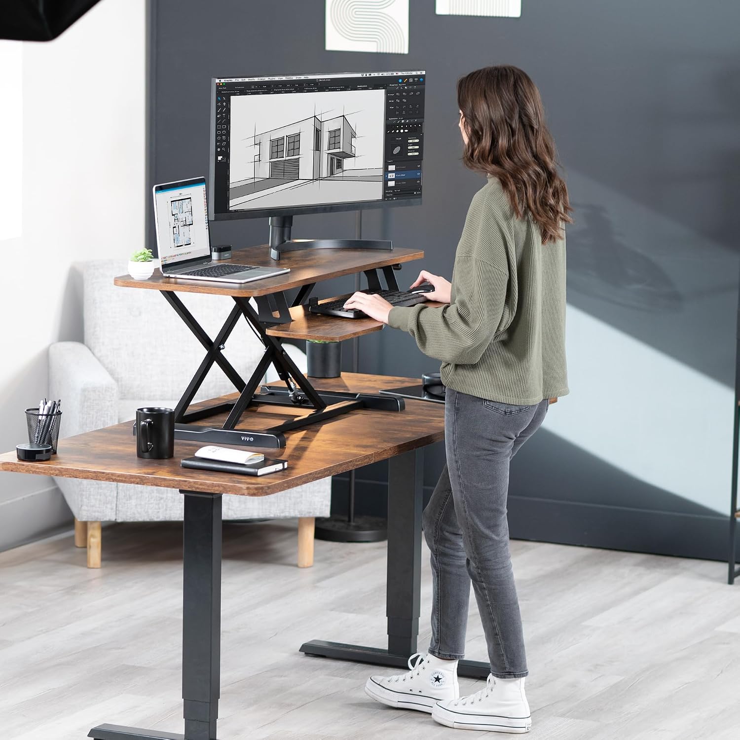 VIVO Rustic Vintage Brown 42 inch Standing Desk Converter, DESK-V042KN | Large, Height Adjustable, Stand Up Desk Riser, Wide Keyboard Tray, Dual Monitor and Laptop Workstation, Black Frame, K Series VIVO Rustic Vintage Brown 42 inch Standing Desk Converter, DESK-V042KN | Large, Height Adjustable, Stand Up Desk Riser, Wide Keyboard Tray, Dual Monitor and Laptop Workstation, Black Frame, K Series - Image 9