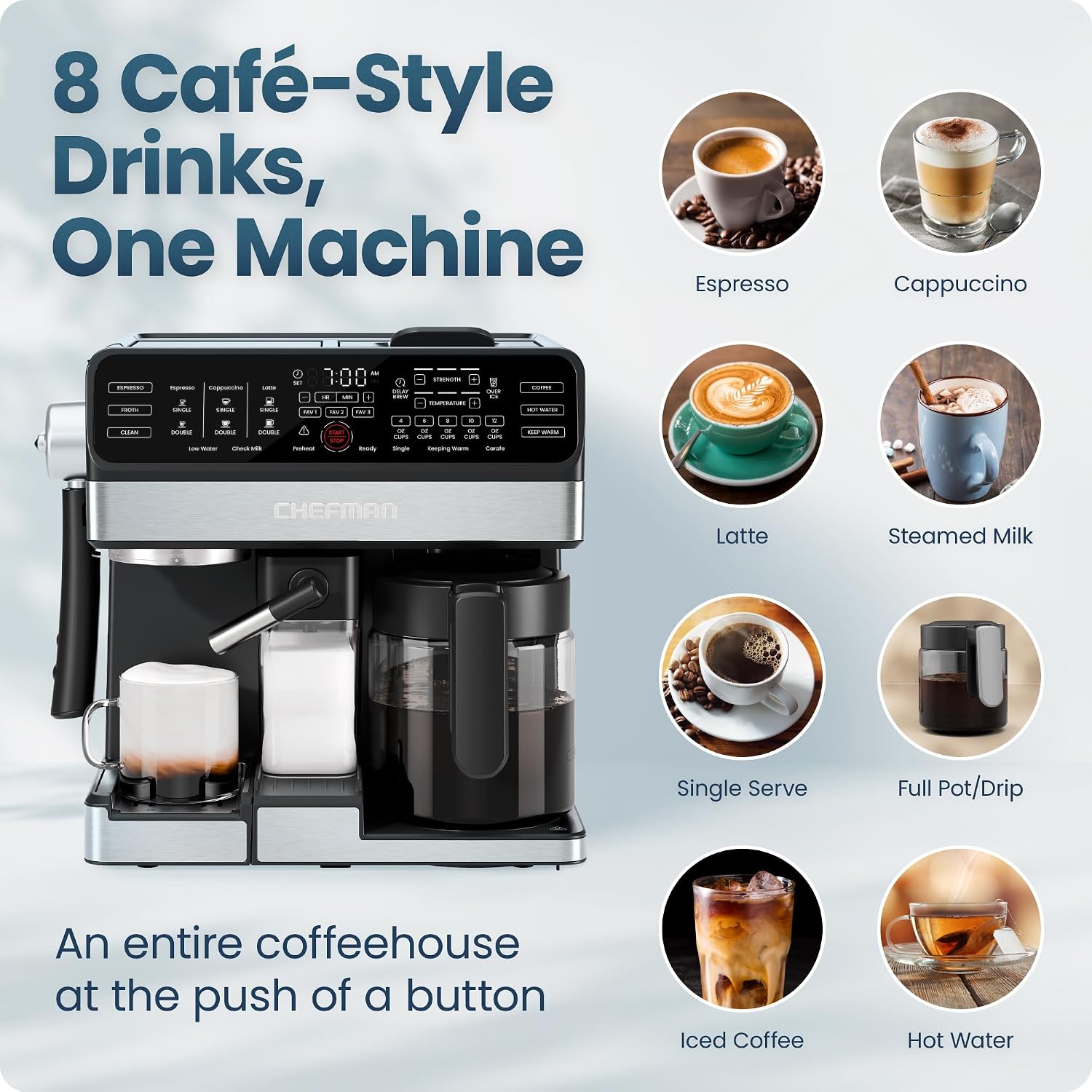 Chefman Coffee Maker Espresso Machine Combo, 8-in-1 Coffee Station with Automatic Milk Frother for Lattes, Cappuccinos, Macchiatos, 20-Bar Pump, 12-Cup Carafe & 3L Water Tank - Black Chefman Coffee Maker Espresso Machine Combo, 8-in-1 Coffee Station with Automatic Milk Frother for Lattes, Cappuccinos, Macchiatos, 20-Bar Pump, 12-Cup Carafe & 3L Water Tank - Black - Image 3