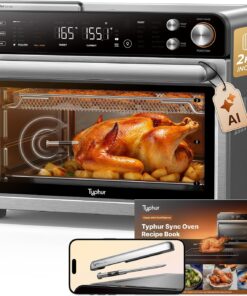 Typhur Sync Air Fryer Oven, Smart AI Wireless Probe, 360° Turbo Convection | 12‑in‑1 Countertop Airfryer Toaster Oven Combo, App Control, Extra Wire Rack, Home & Commercial, Stainless Steel Silver