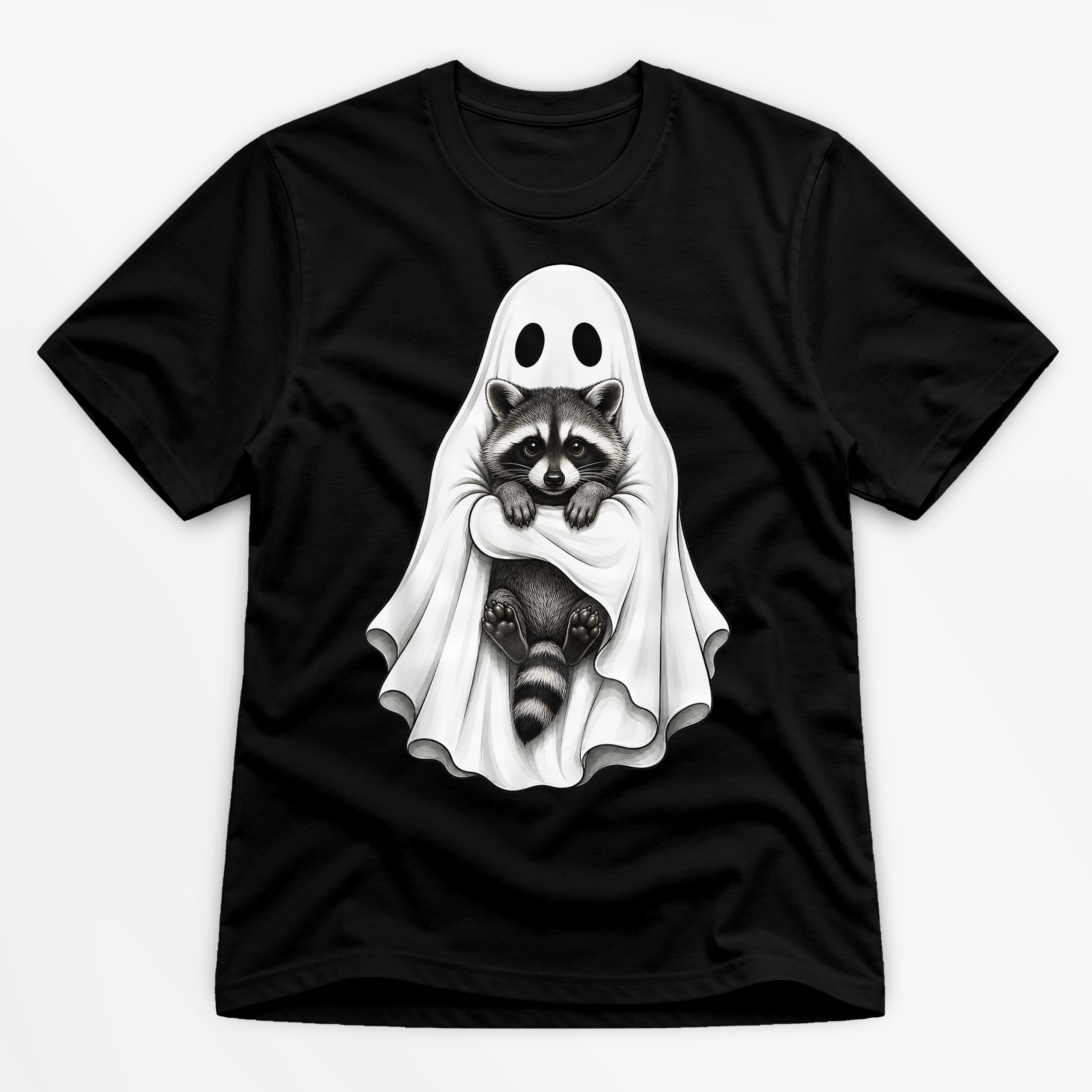 Ghost Holding Raccoon Premium Graphic Black T-Shirt - Halloween catona-0906