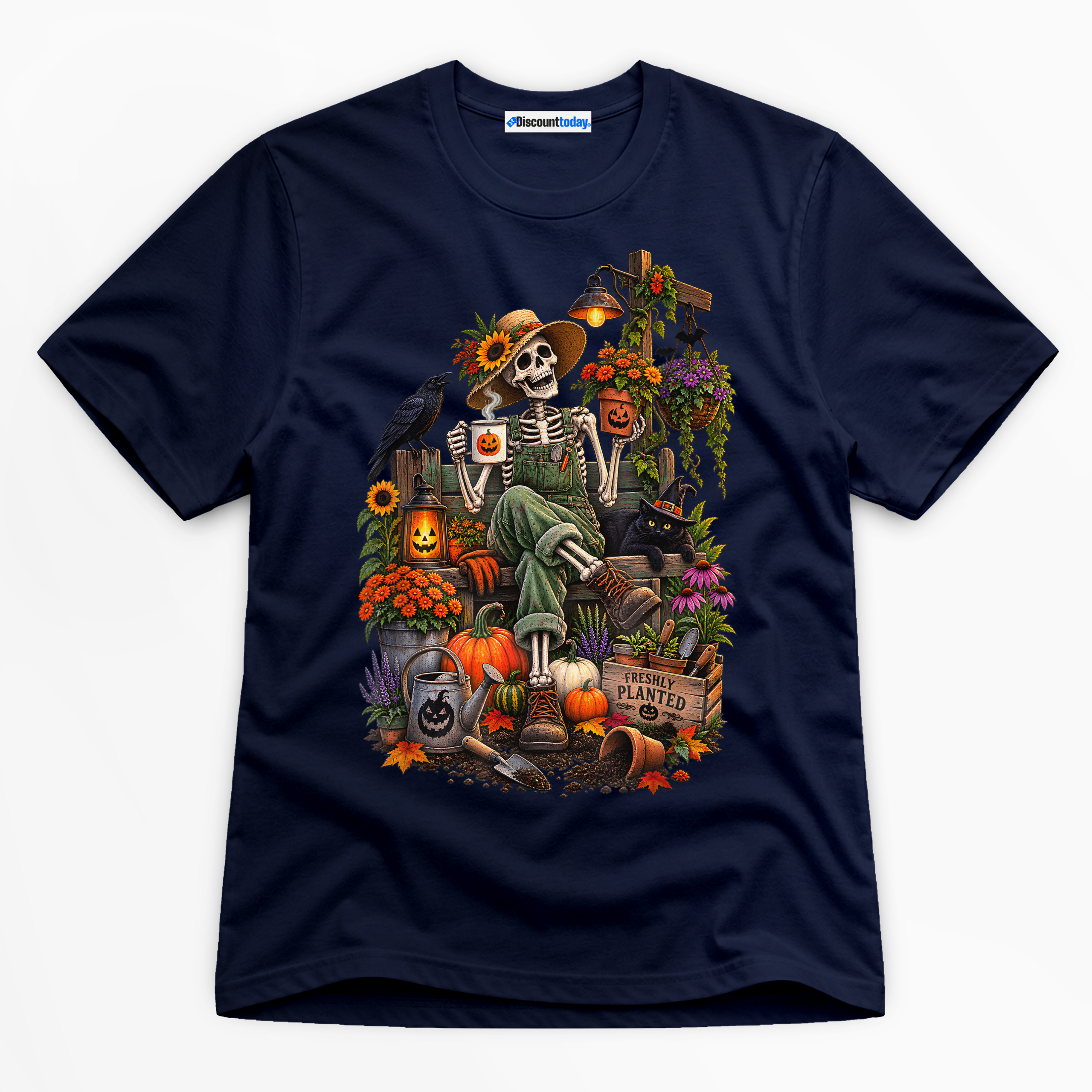 Halloween Skeleton Gardener Premium Graphic Navy T-Shirt - Halloween catona-0953-v4