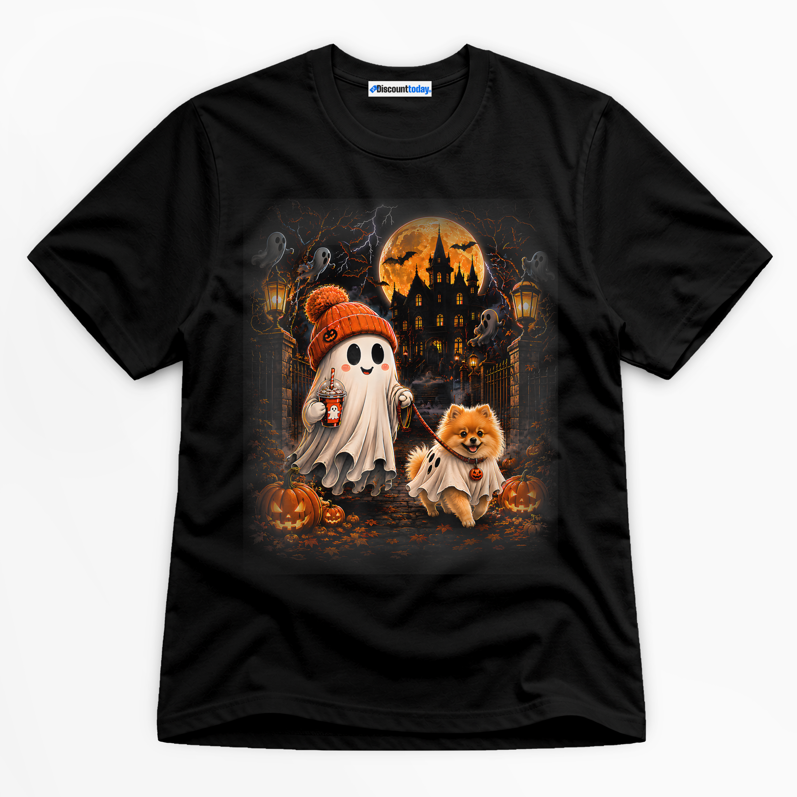 Halloween Ghost Walking Dog Premium Graphic Black T-Shirt - Halloween catona-0958