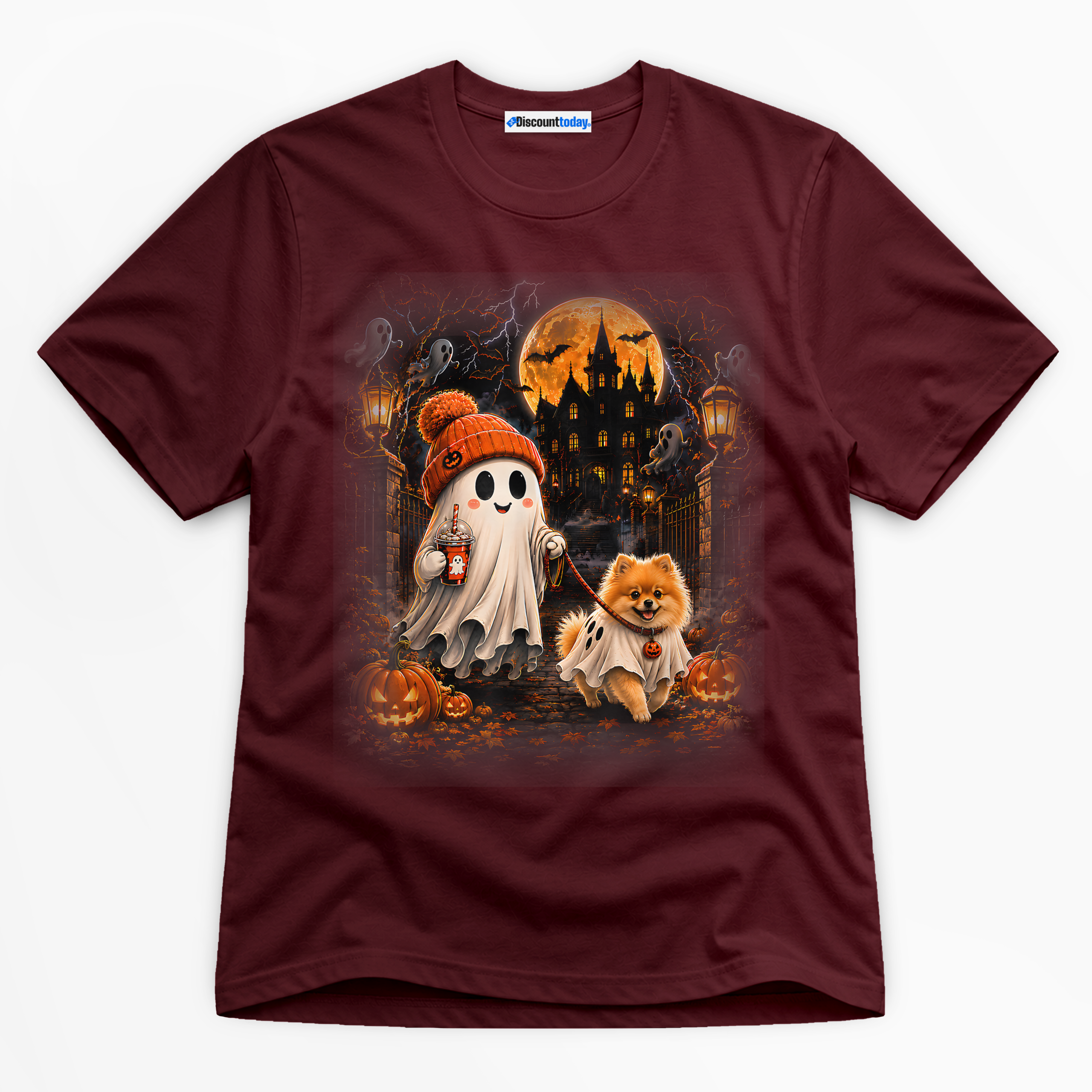 Halloween Ghost Walking Dog Premium Graphic Maroon T-Shirt - Halloween catona-0958-v1