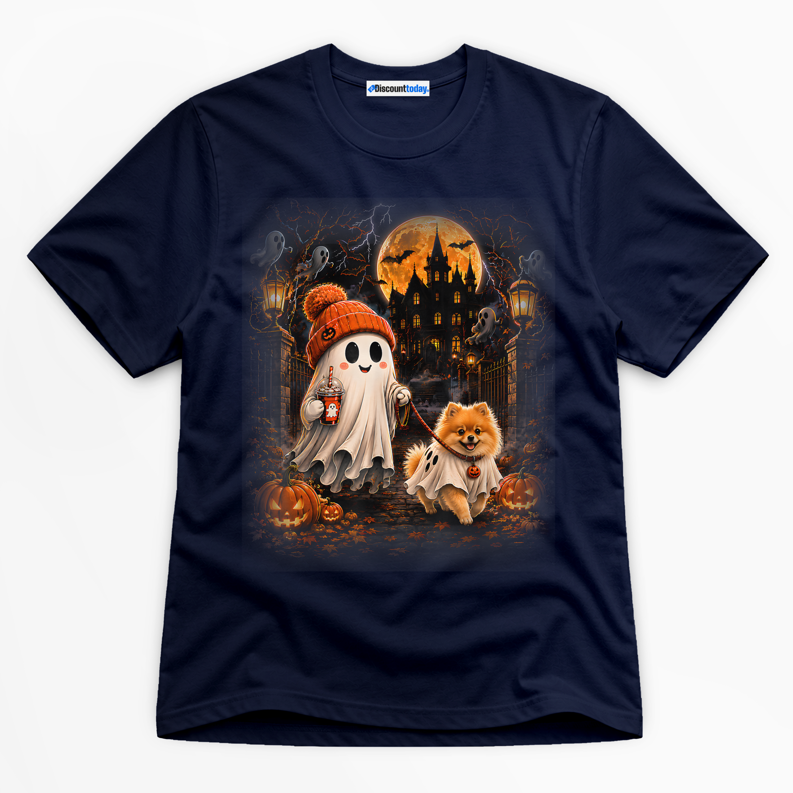 Halloween Ghost Walking Dog Premium Graphic Navy T-Shirt - Halloween catona-0958-v2
