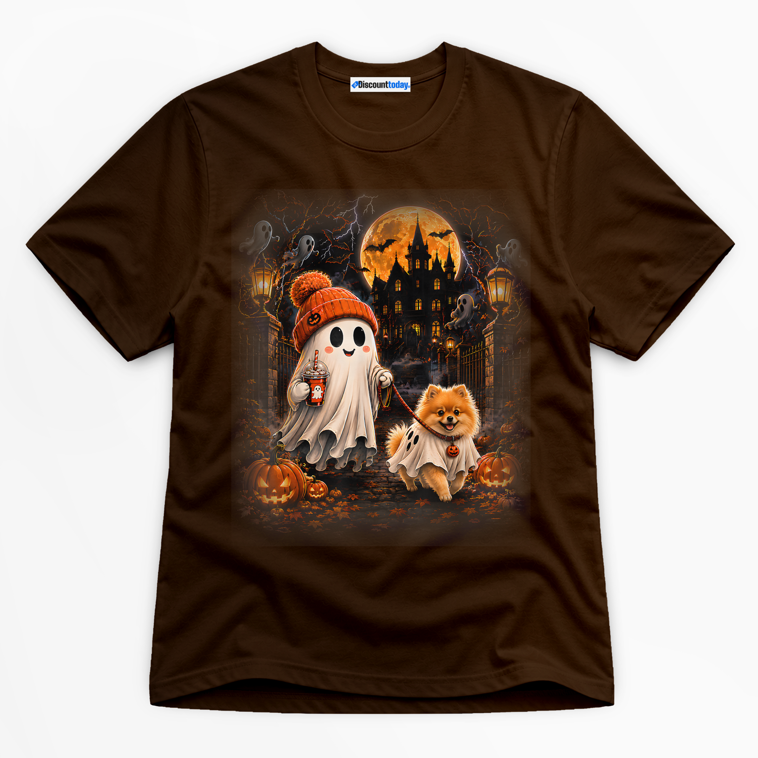 Halloween Ghost Walking Dog Premium Graphic Dark Chocolate T-Shirt - Halloween catona-0958-v4