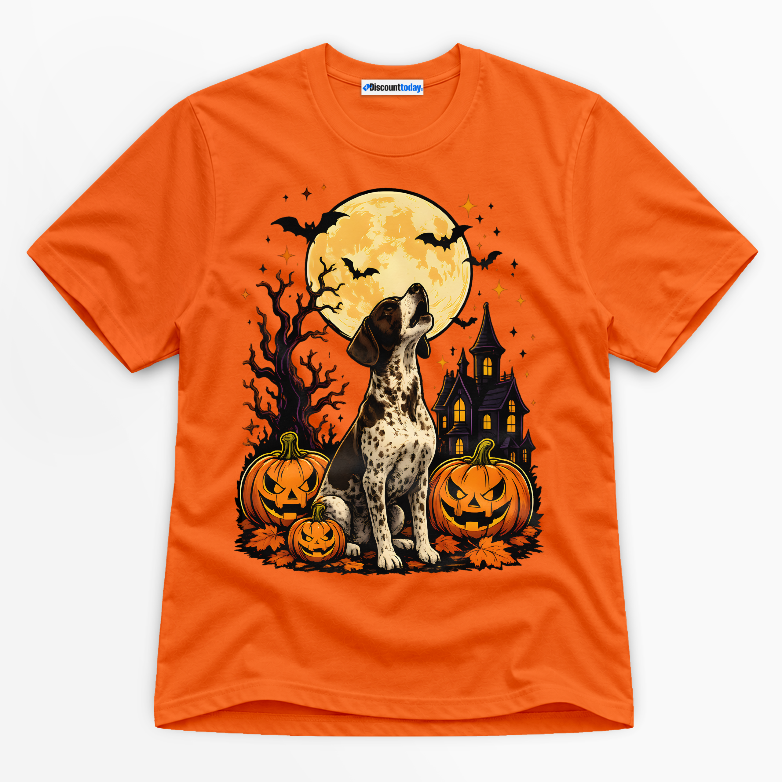 Halloween Howling Dog Premium Graphic Orange T-Shirt - Halloween catona-0966-v3