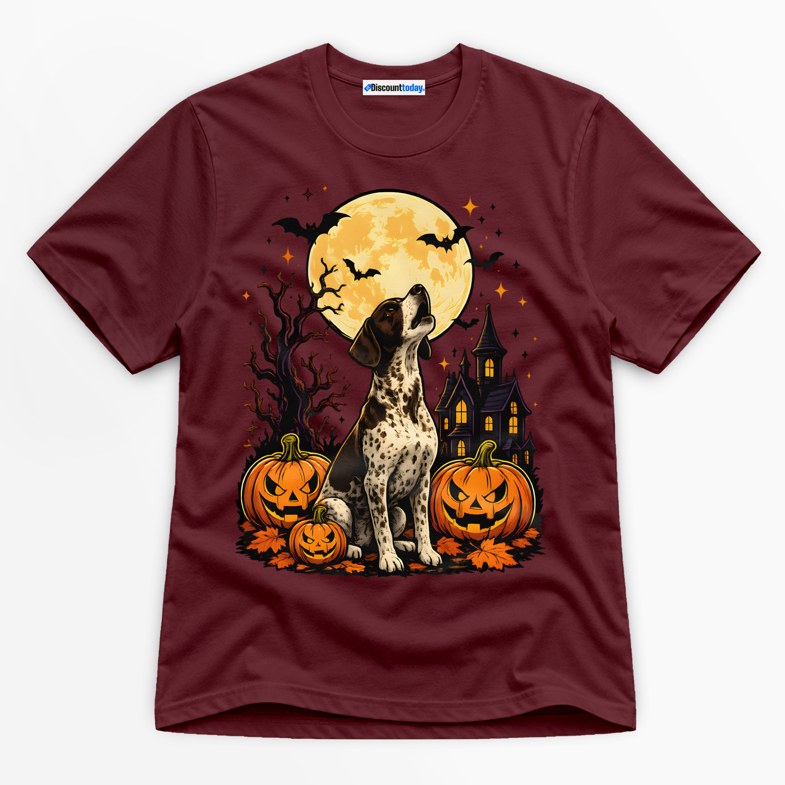Halloween Howling Dog Premium Graphic Maroon T-Shirt - Halloween catona-0966-v4
