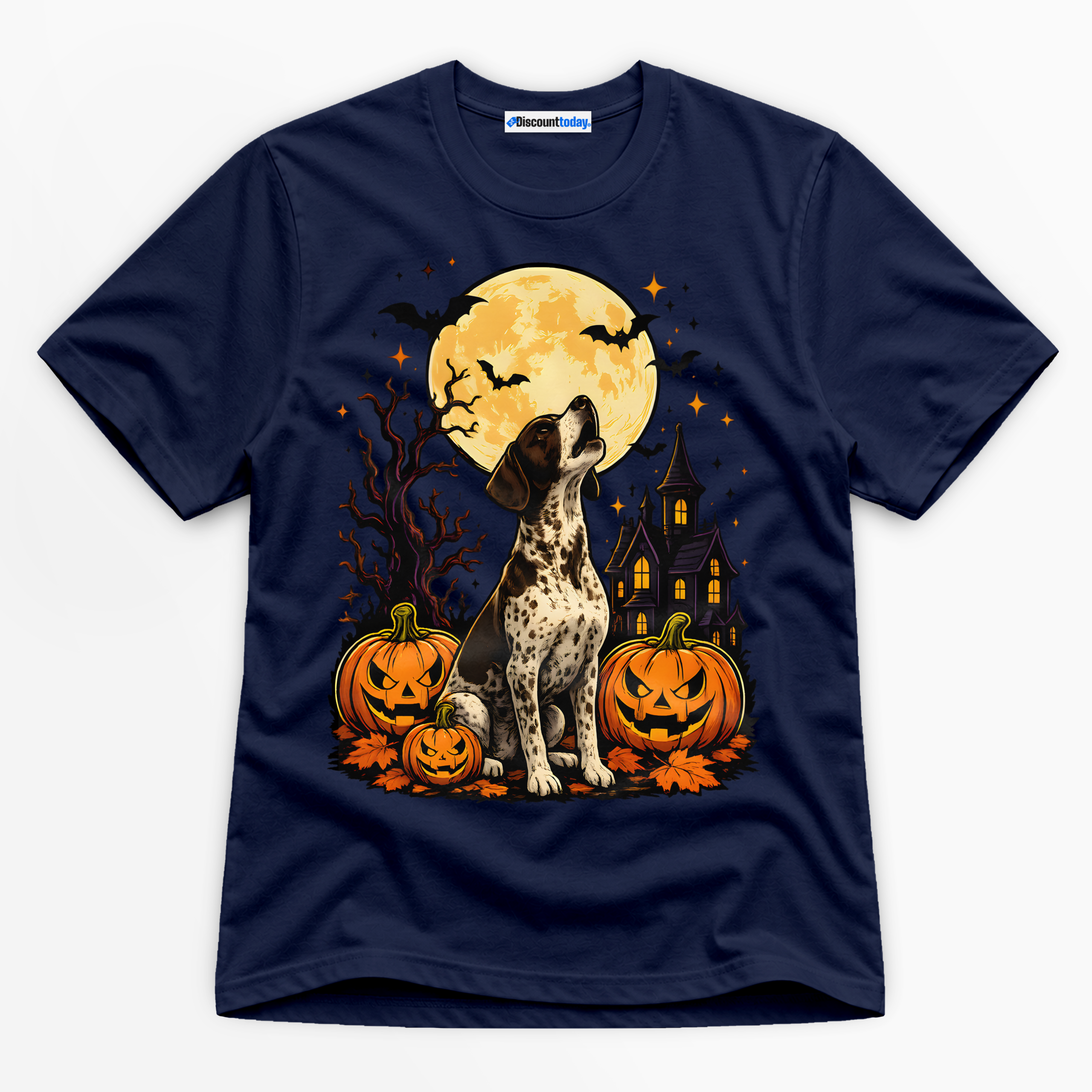 Halloween Howling Dog Premium Graphic Navy T-Shirt - Halloween catona-0966-v6