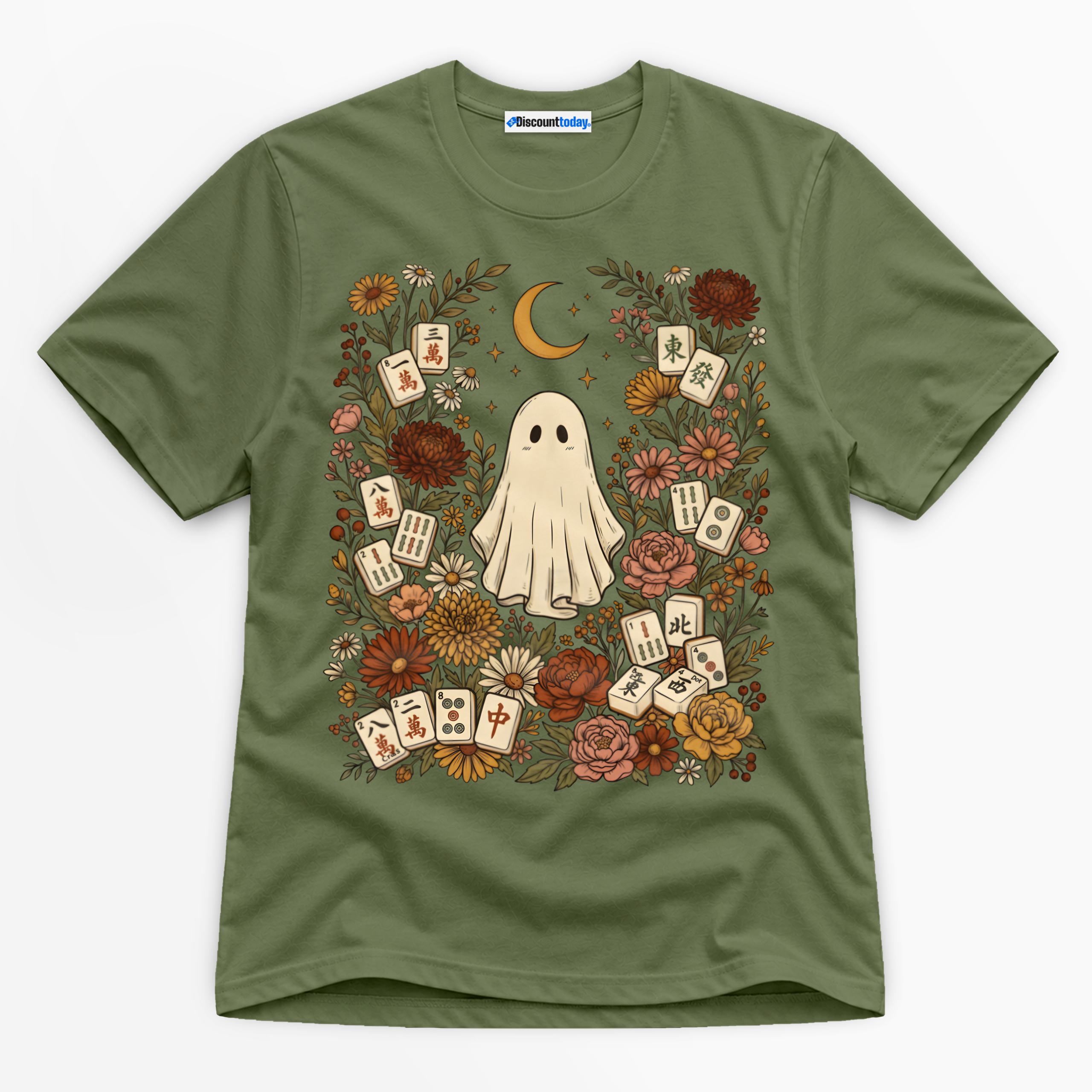 Mahjong Ghost Premium Graphic Military Green T-Shirt - Halloween catona-0967-v7