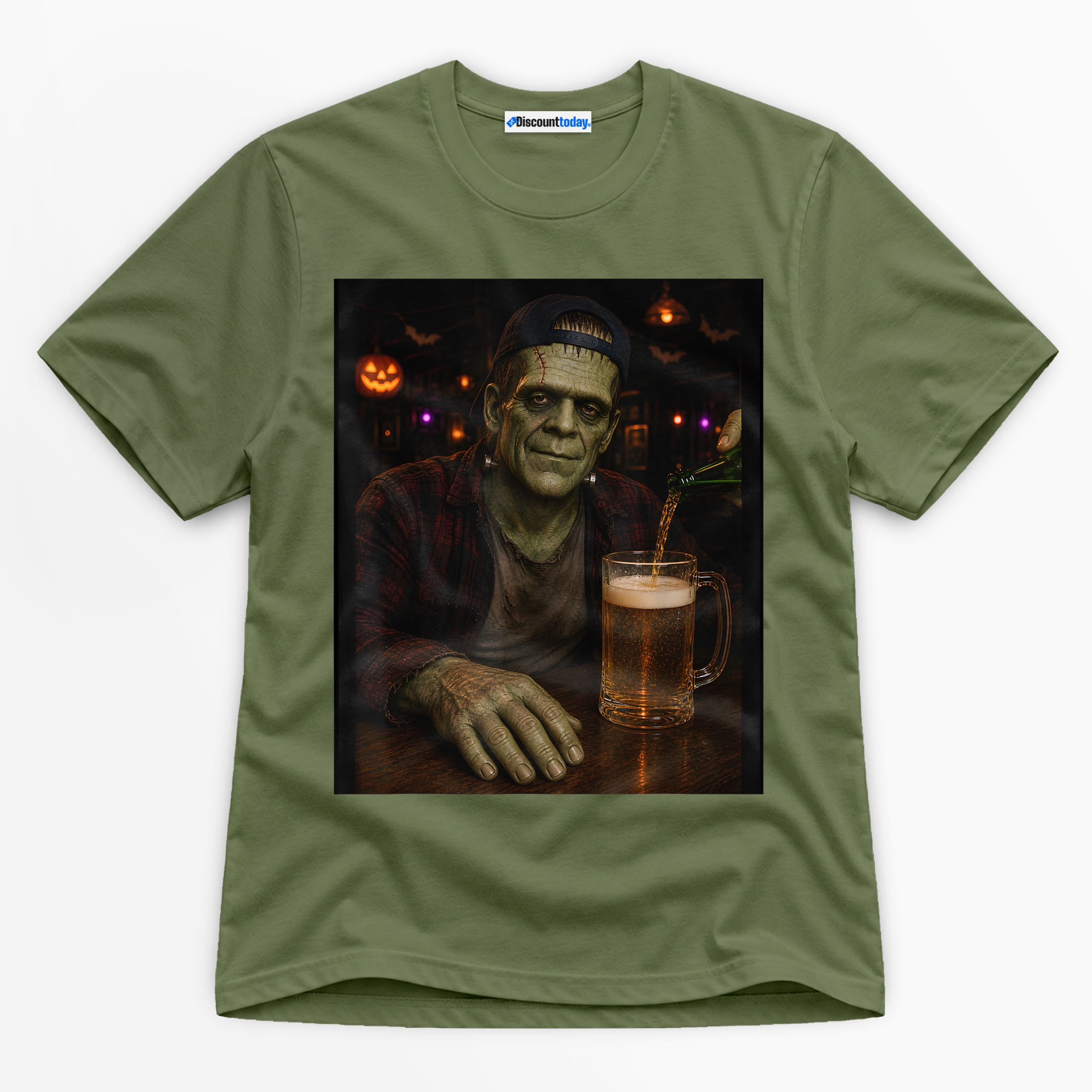 Frankenstein Drinking Beer Premium Graphic Military Green T-Shirt - Halloween catona-0970-v6
